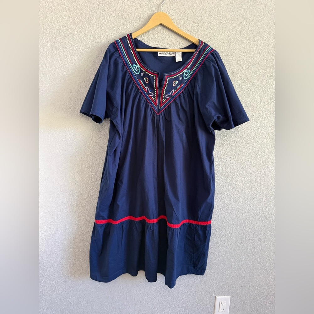 Maggie Starr Kaftan Dress‎ Front Zip Up Size Large 100% Cotton Embroidered